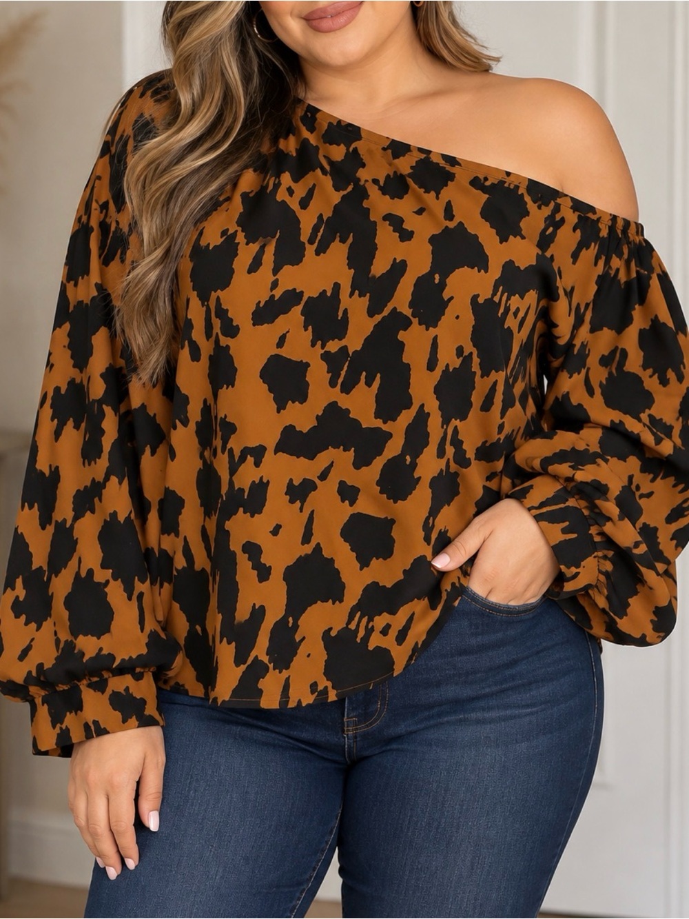 One-Shoulder Animal Print Blouse in Camel and Black